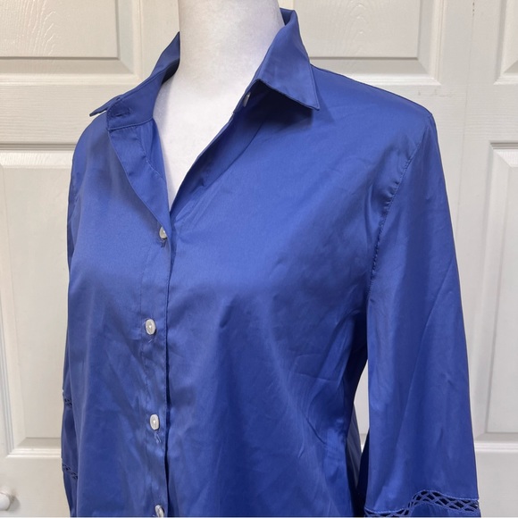 CHICO’S Cutwork Blue Blouse with Billowy Sleeves Size 0 Small NWT $99 - Picture 8 of 16